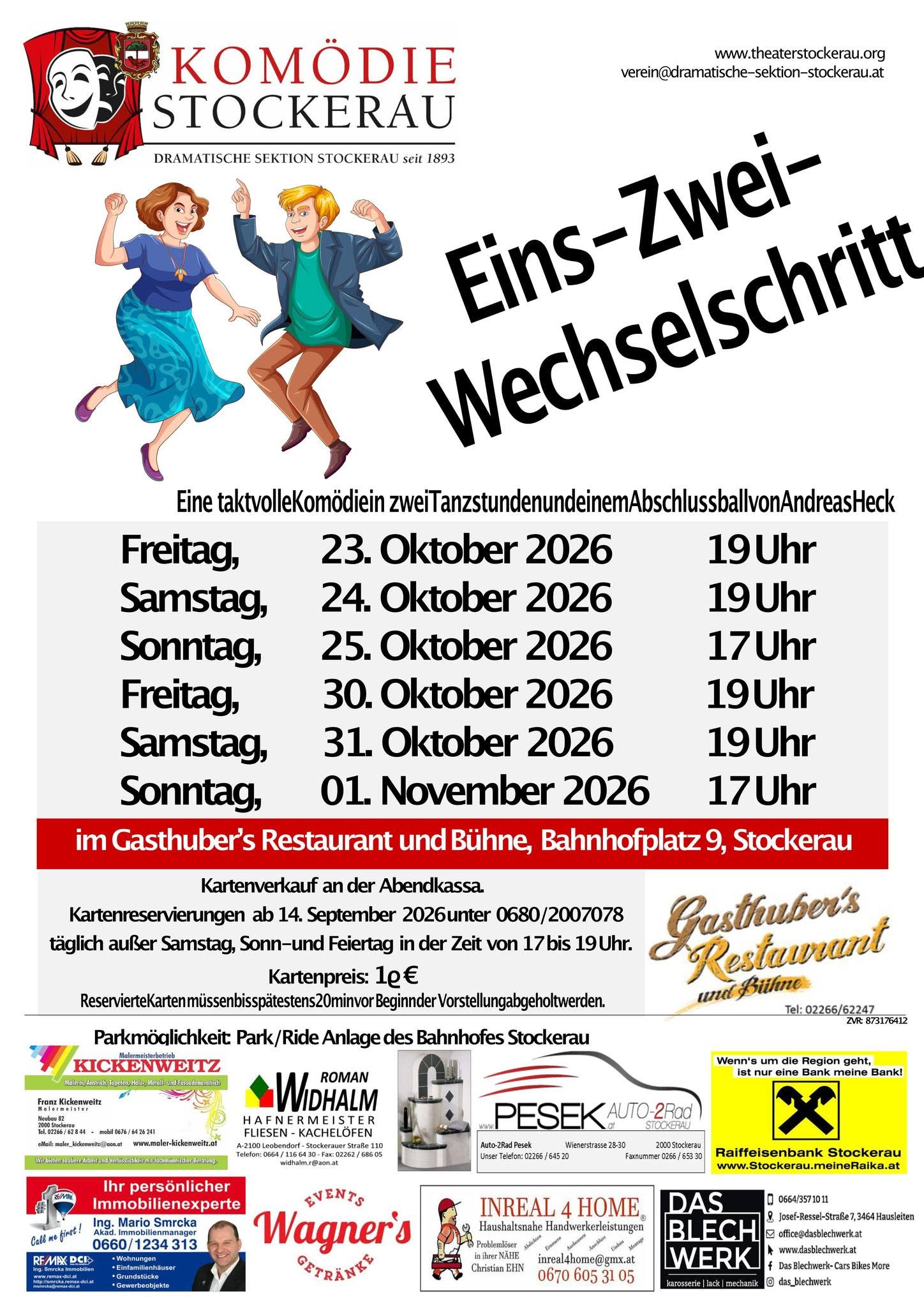 Plakat der Dramatischen Sektion Stockerau - Komoedie Stockerau zu "eins - zwei - Wechselschritt"