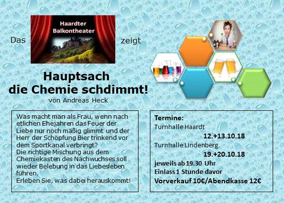 Plakat des Haardter Balkontheaters zu "Hauptsache die Chemie stimmt"