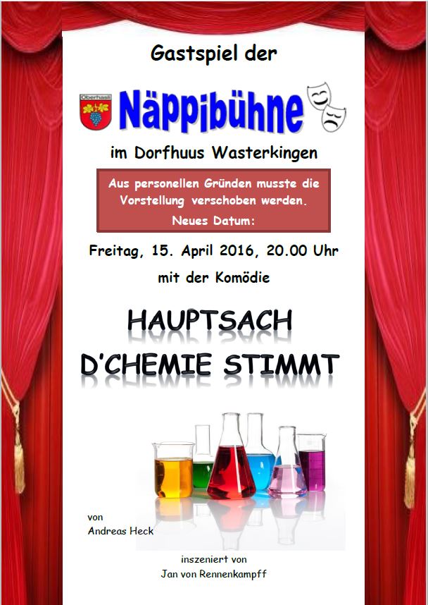 Plakat zum Gastspiel der Näppibühne von "Hauptsache die Chemie stimmt!"