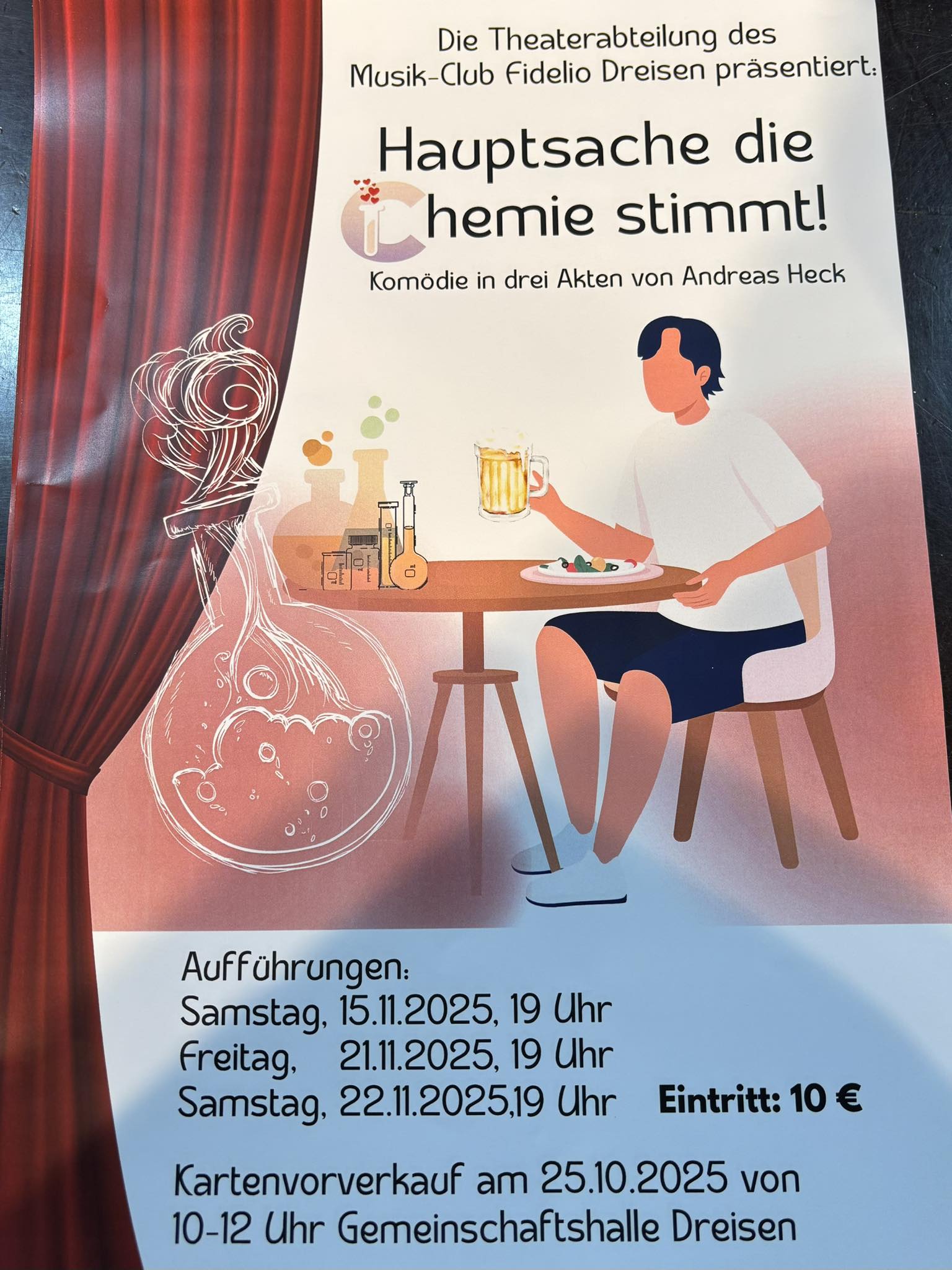 Plakat der Theatergruppe Fidelio Dreissen zu "Hauptsache die Chemie stimmt"
