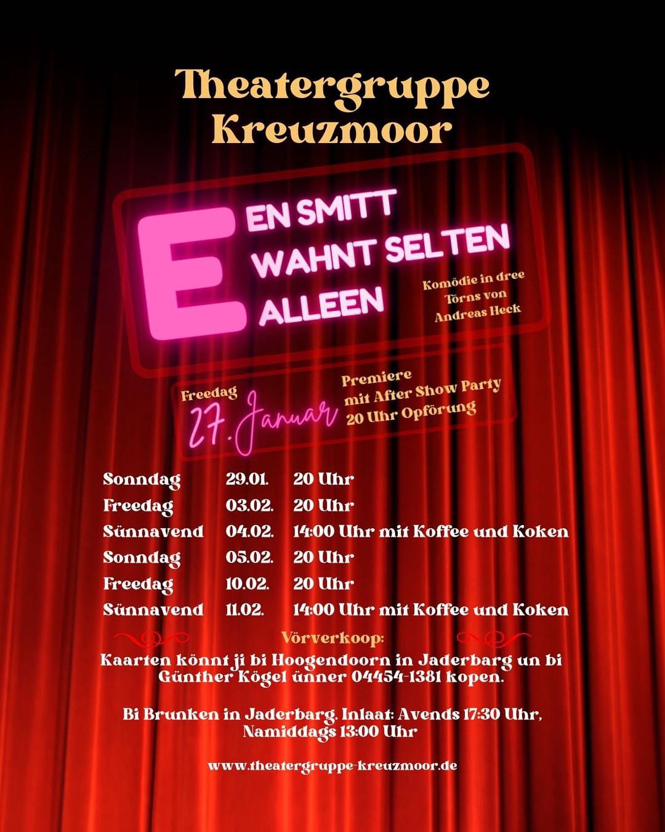 Plakat der Theatergruppe Kreuzmoor zu "Een Smitt wahnt selten alleen"