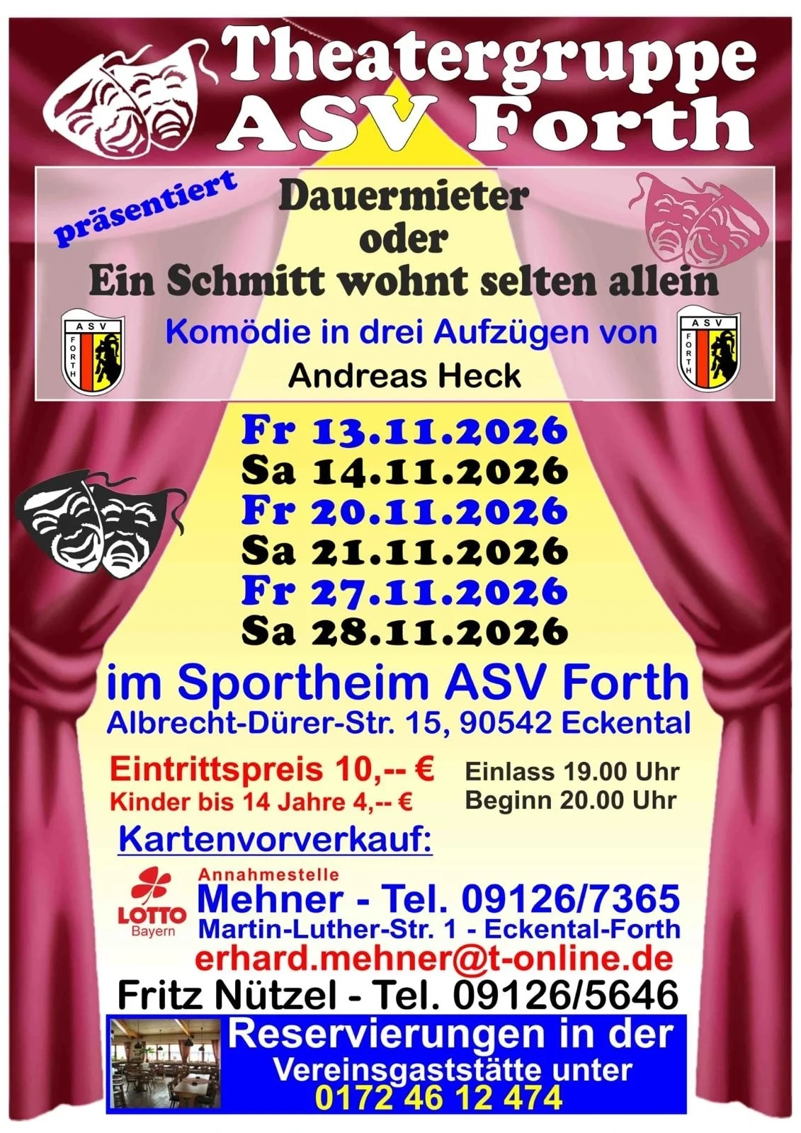 Plakat zu "Dauer mieter oder ein Schmitt wohnt selten allein"  der Theatergruppe des ASV Forth