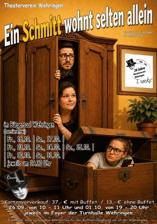 Plakat des Theatervereins Wehringen zu "Ein Schmitt wohnt selten allein"
