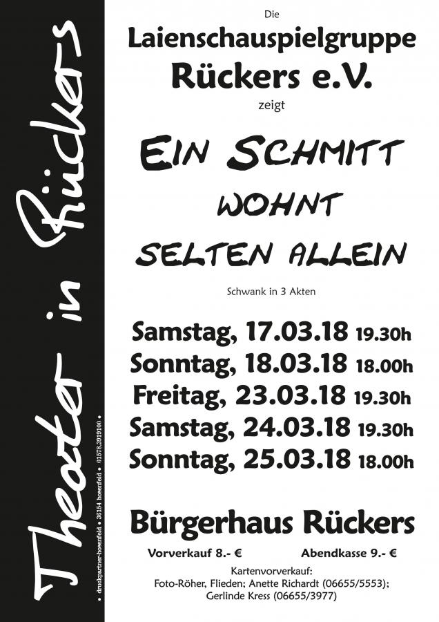 Plakat der Laienschauspielgruppe Rueckers in Flieden zu "Ein Schmitt wohnt selten allein"