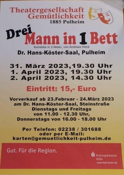 Plakat der Theatergesellschaft Gemuetlichkeit Pulheim zu "Drei Mann in einem Bett"