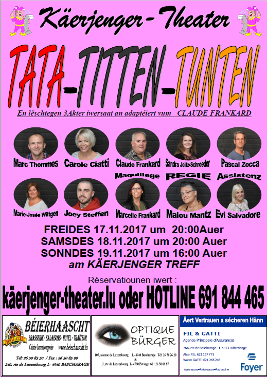 Plakat des Käerjenger Theaters in der Adaption von "Drei Mann in einem Bett"