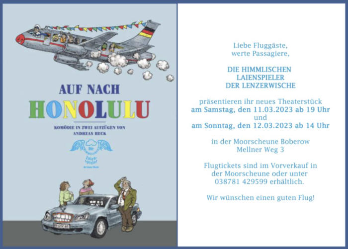 Plakat der himmlischen Laienspieler der Lenzerwische zu "Auf nach Honolulu"