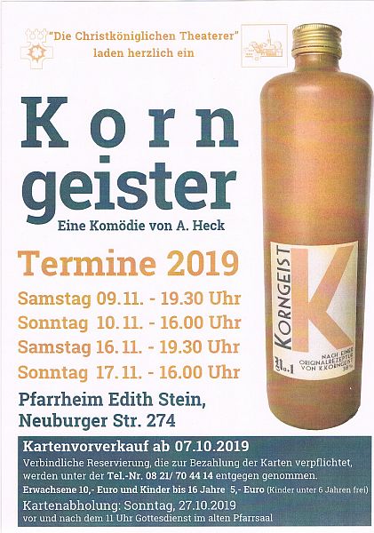 Plakat der Christkoeniglichen Theaterer Augsburg zu "Korngeister"