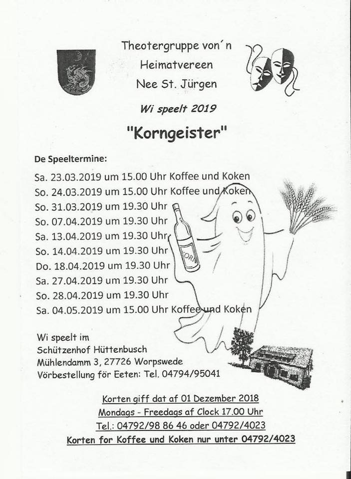 Plakat der Theatergruppe des Heimatvereins Neu St. Juergen zu "Korngeister"