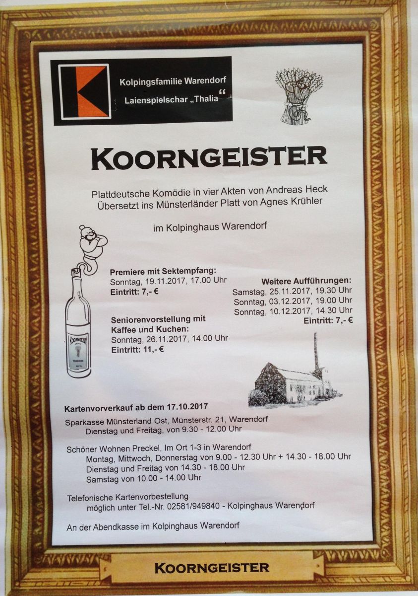 Plakat Theatergruppe Kolping Thalia Warendorf zu "Koorngeister"