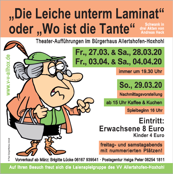 Plakat der Laeinspielgruppe im Verschönerungsverein Allertshofen - Hoxhohl zu "Die Leiche unterm Laminat"