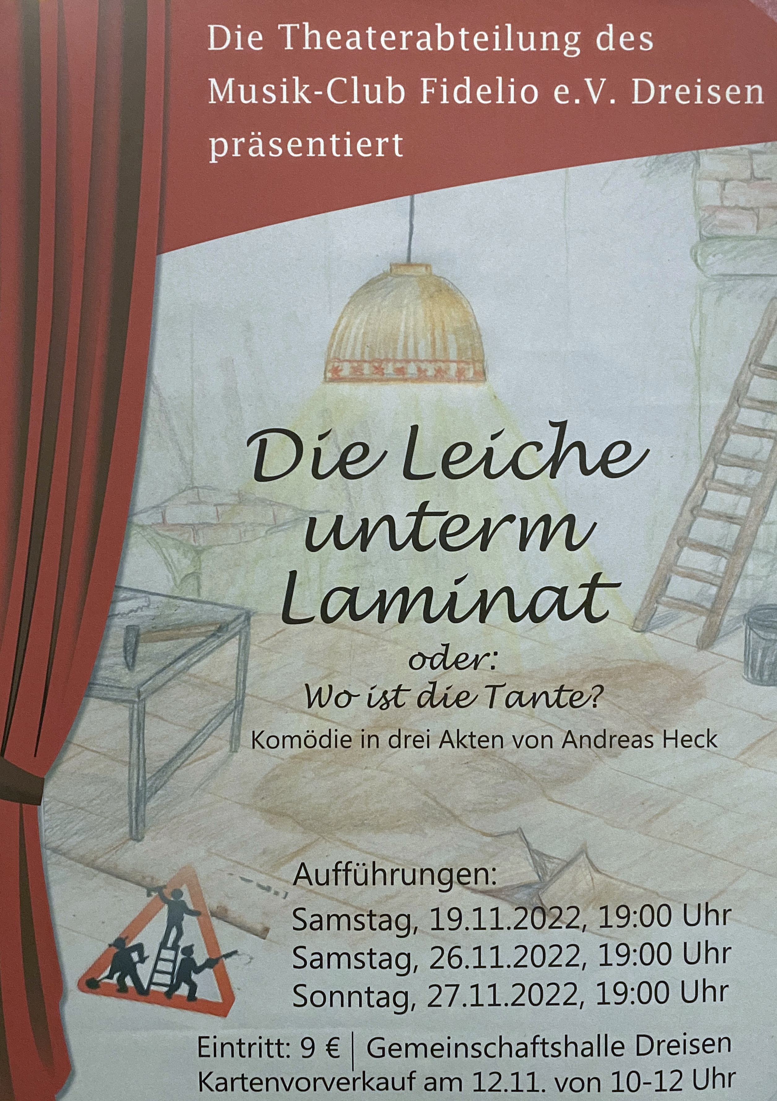 Plakat der Theatergruppe des Musikclubs Fidelio Dreissen zu "Die Leiche unterm Laminat"