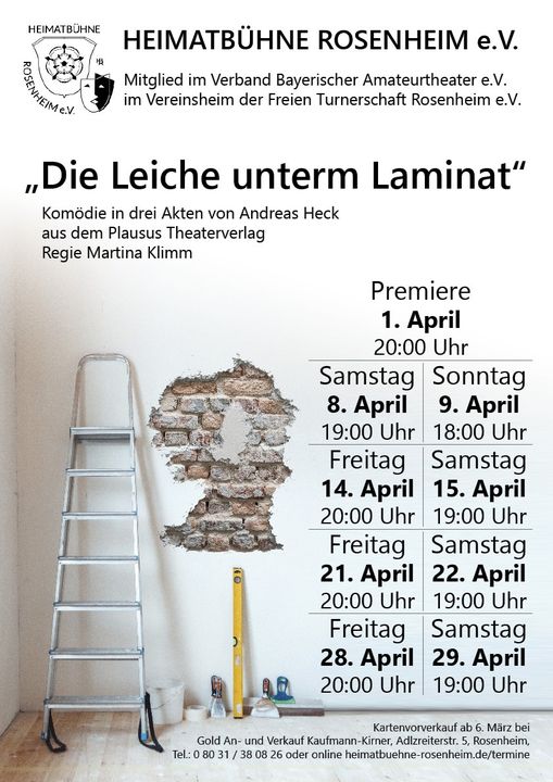 Plakat der Heimatbuehne Rosenheim e.V. zu "Die Leiche unterm Laminat"