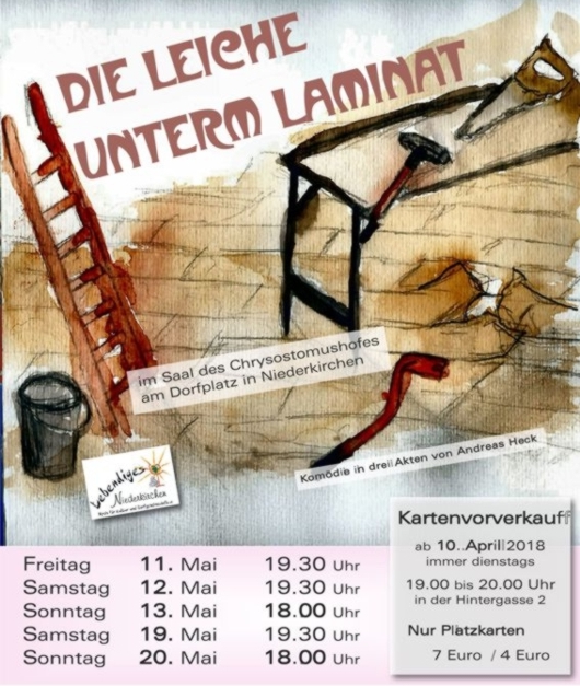 Plakat des Kulturvereins lebendiges Niederkirchen zu "Die Leiche unterm Laminat"