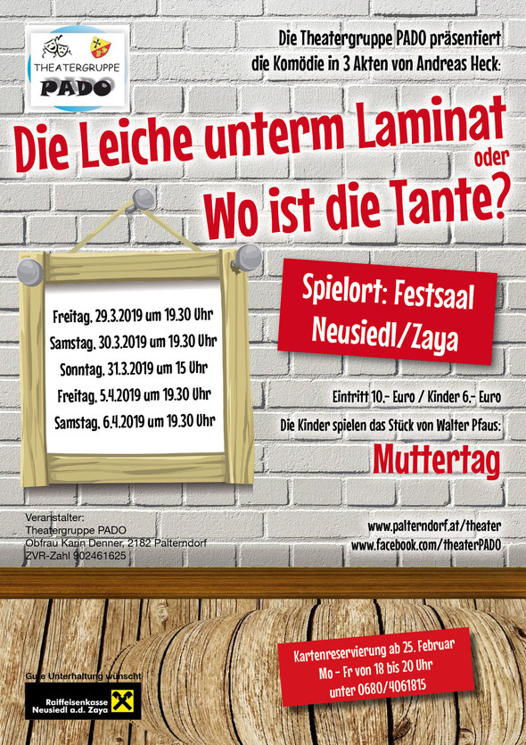 Plakat der Theatergruppe PADO zu "Die Leiche unterm Laminat"