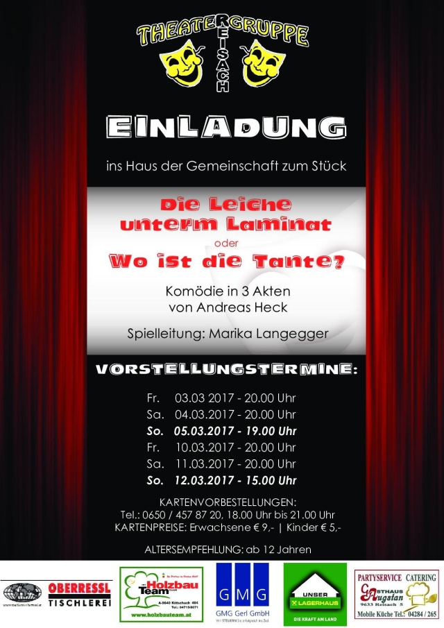 PLakat der Theatergruppe Reisach zu "Die Leiche unterm Laminat oder Wo ist die Tante?"