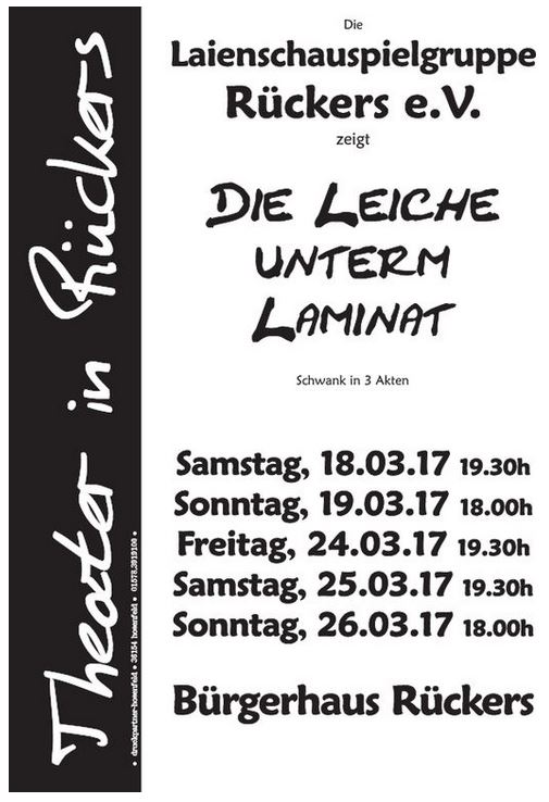 Plakat der Laienschauspielgruppe Rueckers zu "Die Leiche unterm Laminat"