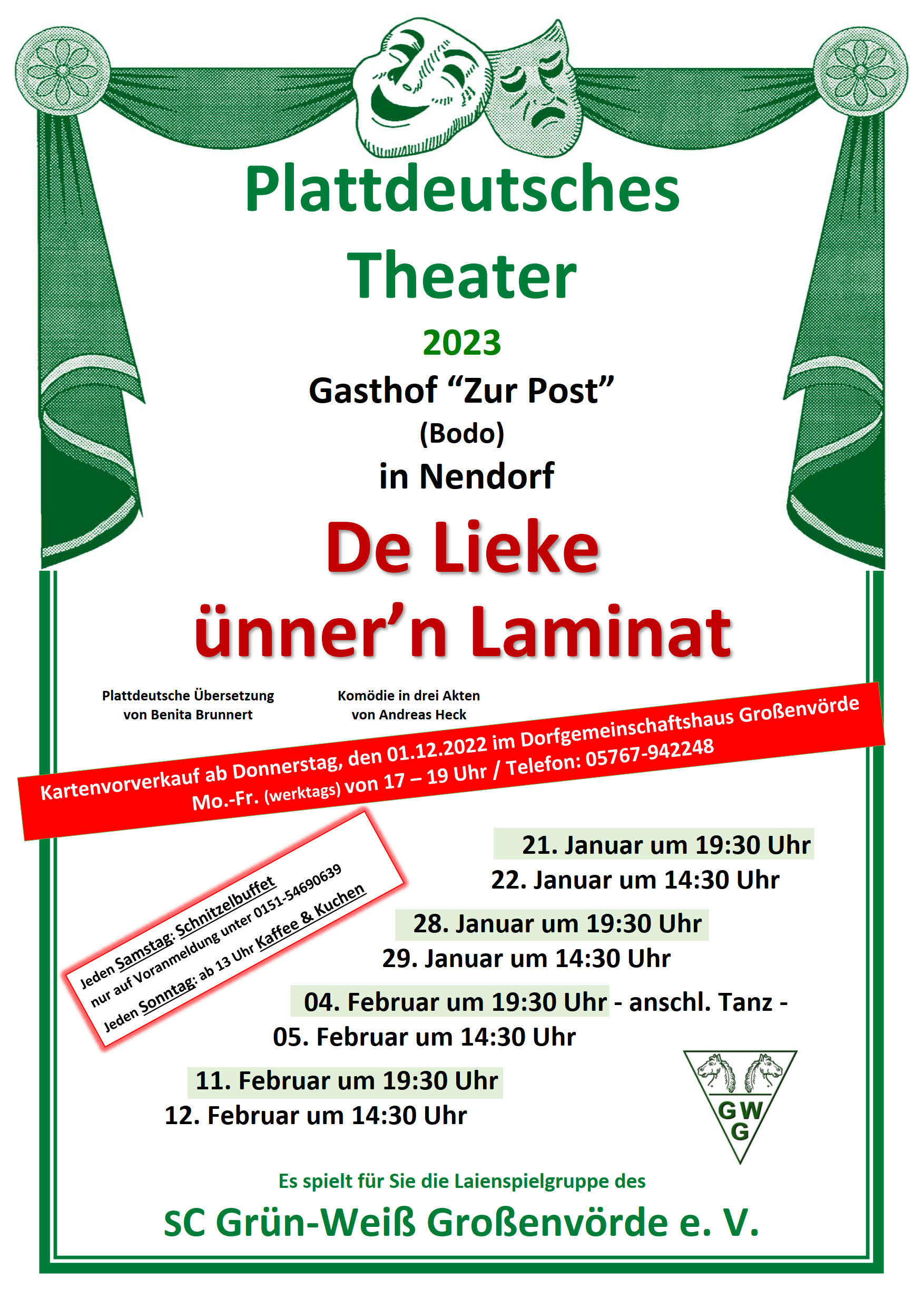 Plakat zu "De Lieke uenner'n Laminat" des SC Gruen Weiss Grossenfoerde