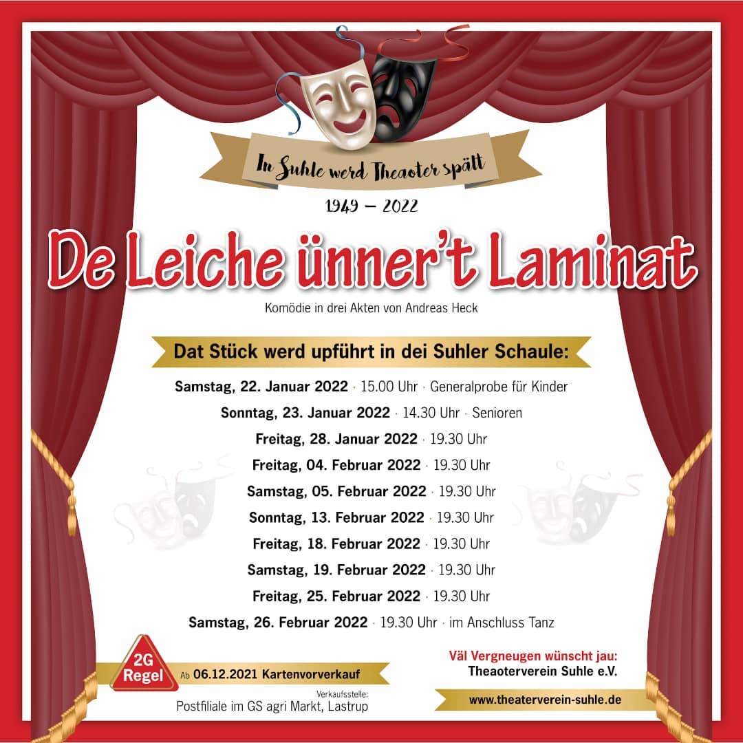 Plakat des Theatervereins Suhle zu "De Leiche ünner't Laminat"