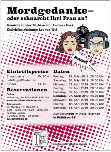 Plakat der Heimatvolksbühne Pfaeffikon zu "Mordgedanke! oder schnarcht Ihri Frau au?"