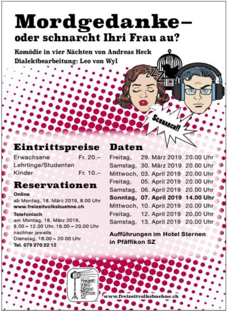 Plakat der Heimatvolksbühne Pfaeffikon zu "Mordgedanke! oder schnarcht Ihri Frau au?"