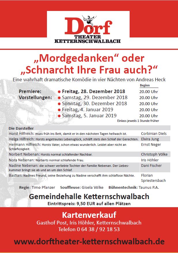 Plakat des Dortheaters Ketternschwalbach zu "Mordgedanken oder schnarcht Ihre Frau auch?"