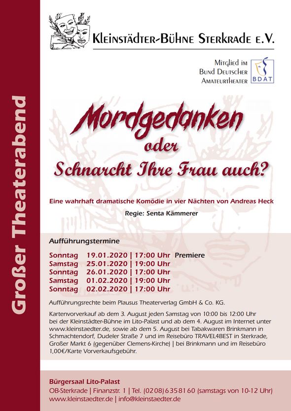 Plakat der Kleinstädter Bühne zu "Mordgedanken oder schnarcht Ihre Frau auch?"