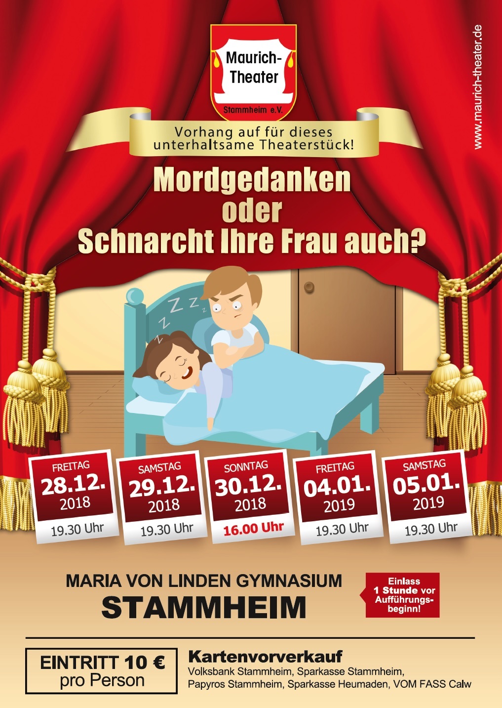 Plakat des Maurich Theaters, Stammheim zu "Mordgedanken oder schnarcht Ihre Frau auch?"