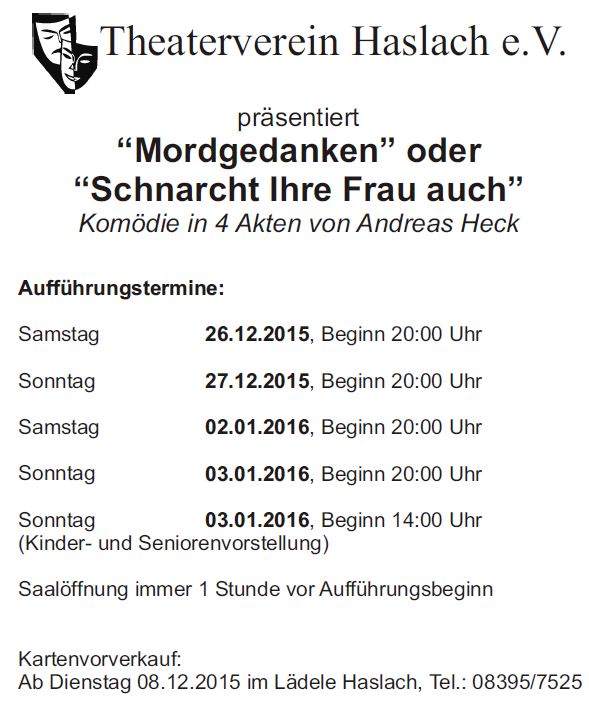 Plakat des Theatervereins Haslach zu "Mordgedanken! oder Schnarcht Ihre Frau auch?"