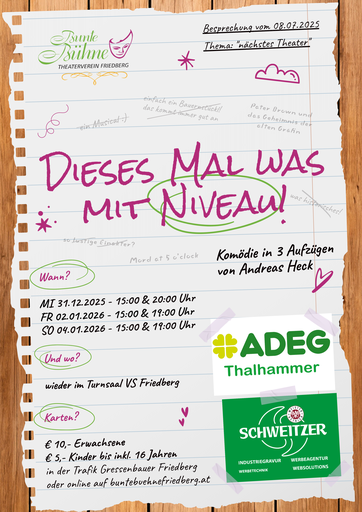 Plakat zu "Dieses Mal was mit Niveau!" der bunten Buehne Friedberg