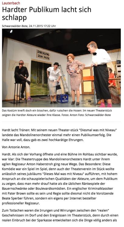 Artikel des Schwarzwälder Boten zu "Dieses mal was mit Niveau" beim Mandolinenorchester Hardt