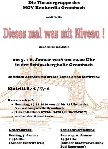 Plakat der Theatergruppe des MGV Konkordia Grombach zu "Dieses Mal was mit Niveau!"