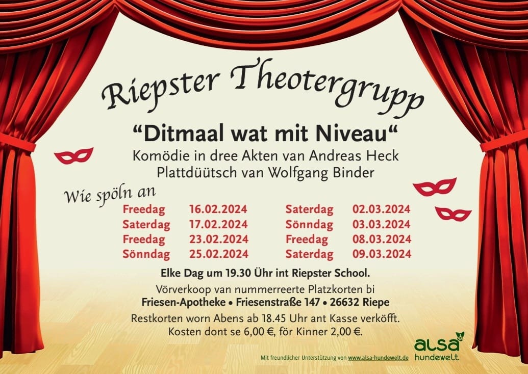 Plakat der Riepster Theotergrupp zu "Ditmaal wat mit Niveau"