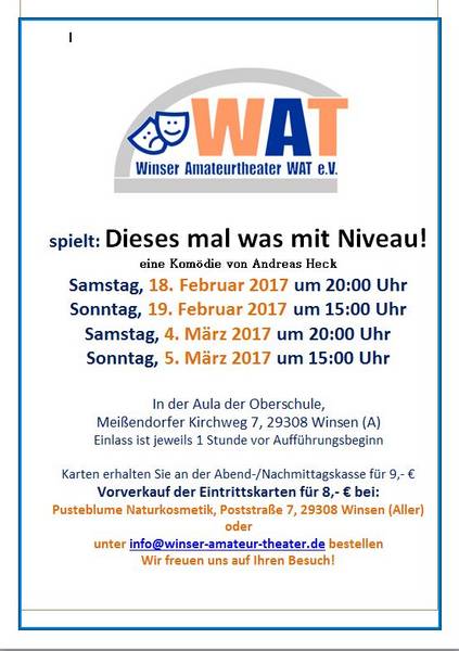 Plakat des Winser Amateurtheaters WAT zu "Dieses mal was mit Niveau"