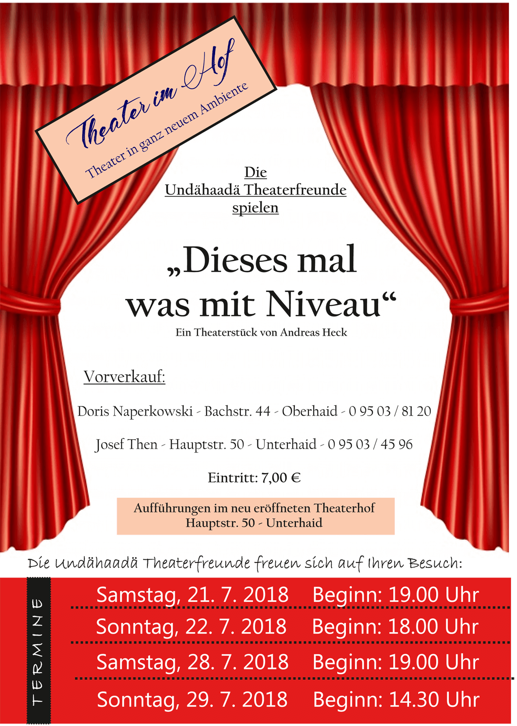 Plakat der Unterhaider Theaterfreunde zu "Dieses Mal was mit Niveau!"