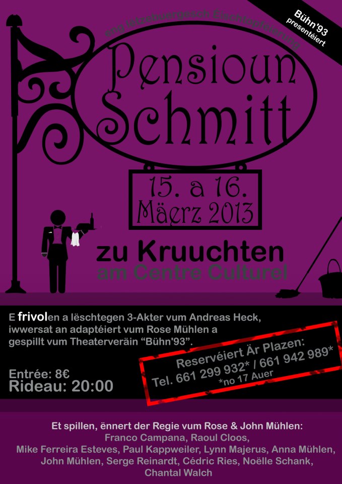 Plakat der Bühn'93 zu "Pensioun Schmitt"