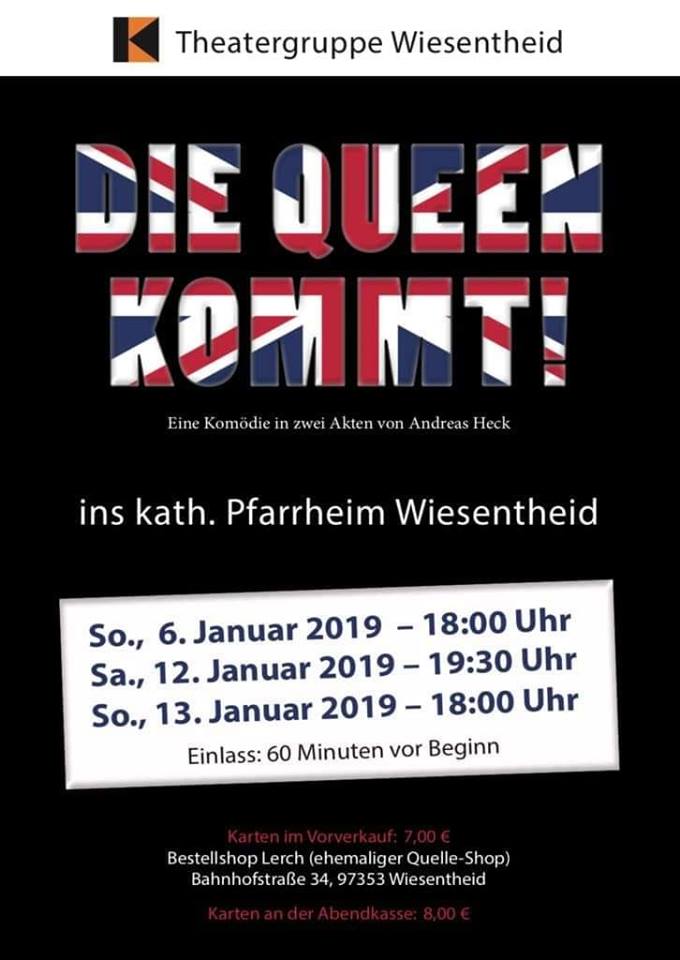 Plakat der Theatergruppe in der Kolpingfamilie Wiesentheid zu "Die Queen kommt!"