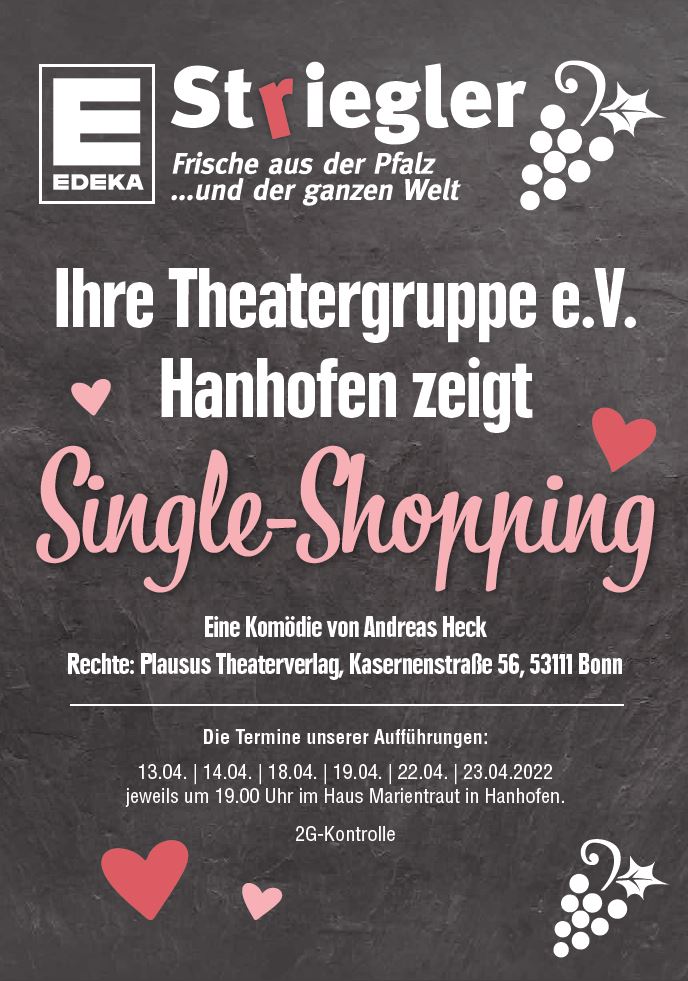 Titelblatt zum Flyer Singelshopping der Theatergruppe Hanhofen e.V. gesponsort von Edeka Stiegler