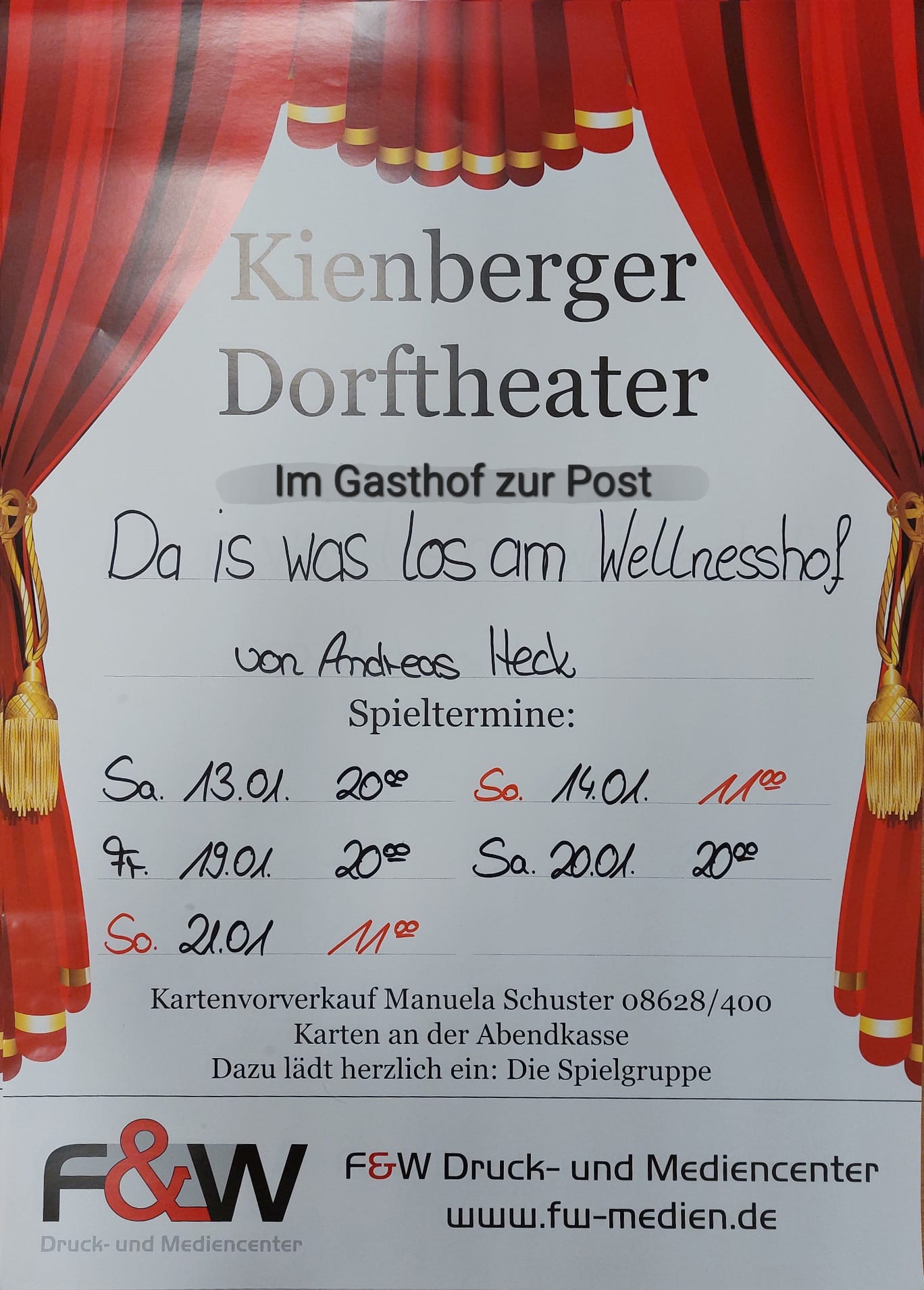 Plakat des Kienberger Dorftheaters zu "Da is was los am Wellnesshof"