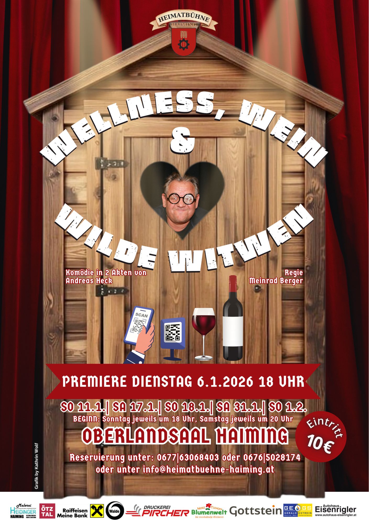 Plakat der Heimatb&uuml;hne Haiming zu "Wellness, Wein und wilde Witwen)