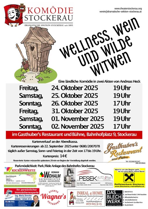Plakat der Komoedie Stockerau zu "Wellnes, Wein und wilde Witwen"