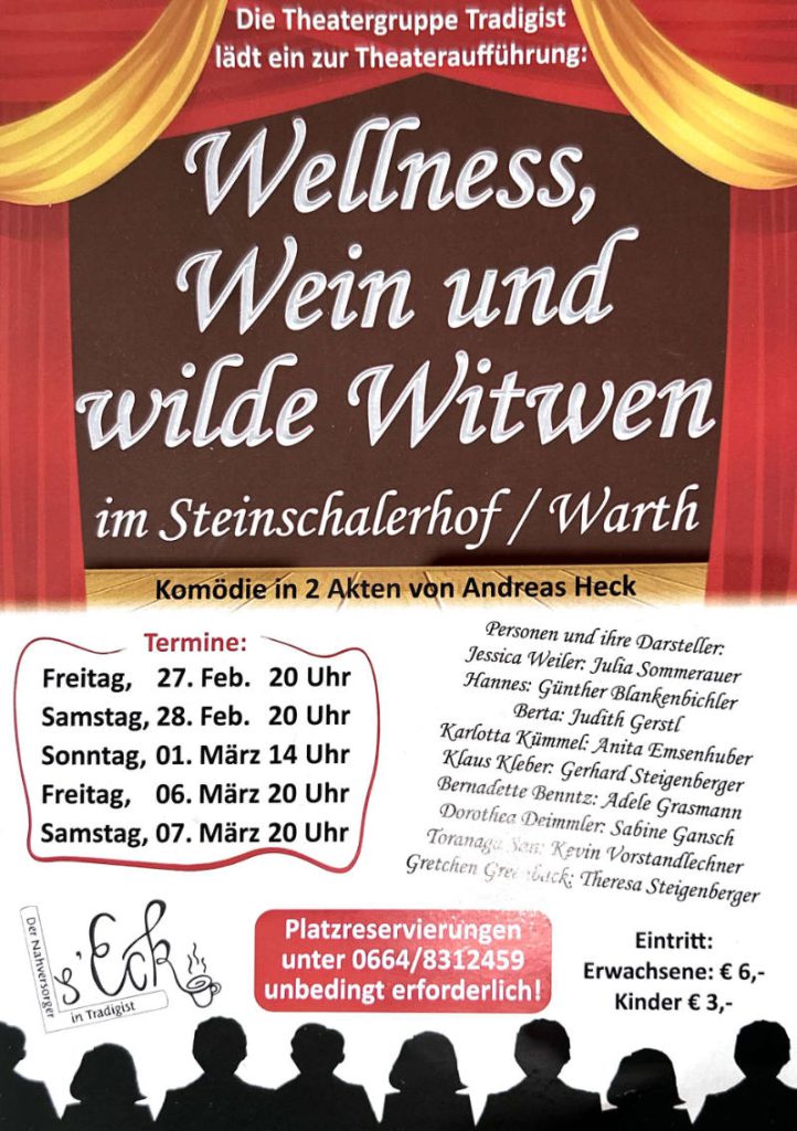 Plakat der Theatergruppe Tradigist zu "Wellness, Wein und wilde Witwen"