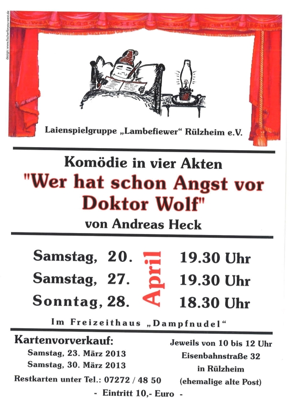 Plakat Laienspielgruppe Lambefiewer Ruelzheim "Wer hat schon ANgst vor Dr. Wolf?"
