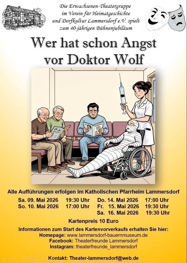 Plakat der Theatergruppe im Heimatverein lammersdorf zu "Wer hat schon Angst vor Dr. Wolf"