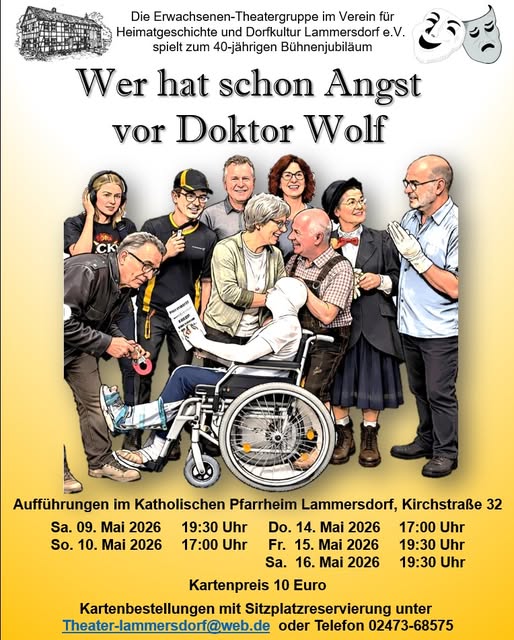 Plakat der Theatergruppe im Heimatverein Lammersdorf zu "Wer hat schonAngst vor Doktor Wolf"