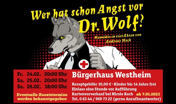 Teaser der Laienspielgruppe Westheim zu "Wer hat schon Angst vor Dr. Wolf"