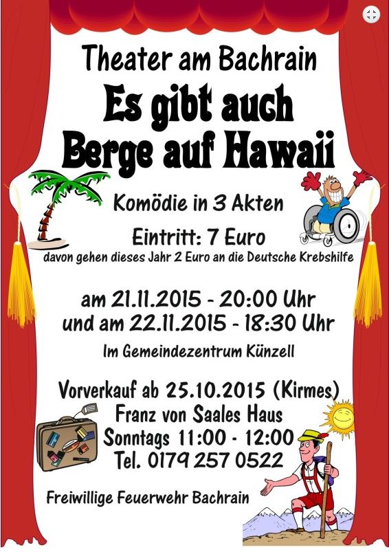 Plakat zu "Es gibt auch Berge auf Hawaii" Der Theatergruppe der Feuerwehr Bachrain