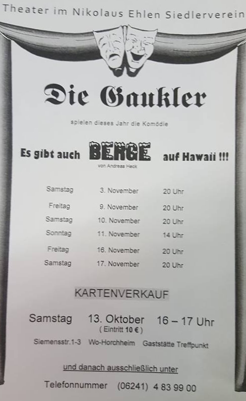 Plakat der Theatergruppe "Die Gaukler" im NES Verein zu "Es gibt auch Berge auf Hawaii!"