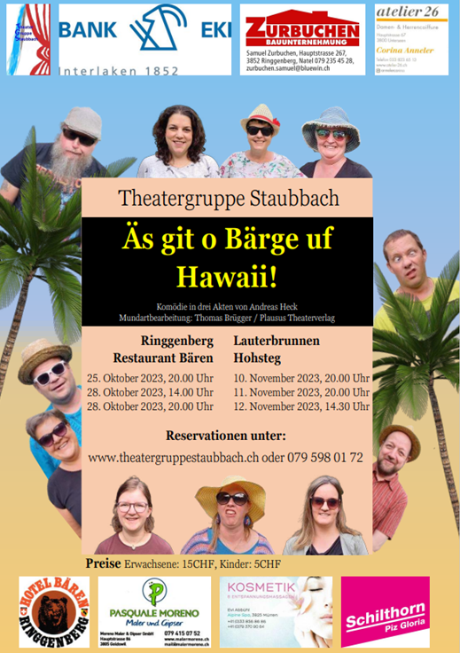 Plakat der Theatergruppe Staubbach zu "Es gibt auch Berge auf Hawaii"