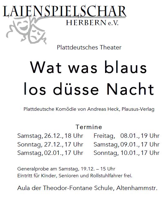 Plakat der Laienspielschar Herbern zu "Wat was blaus los düsse Nacht?"